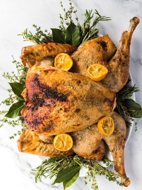 zoomed out roasted spatchcocked turkey on platter ready to serve