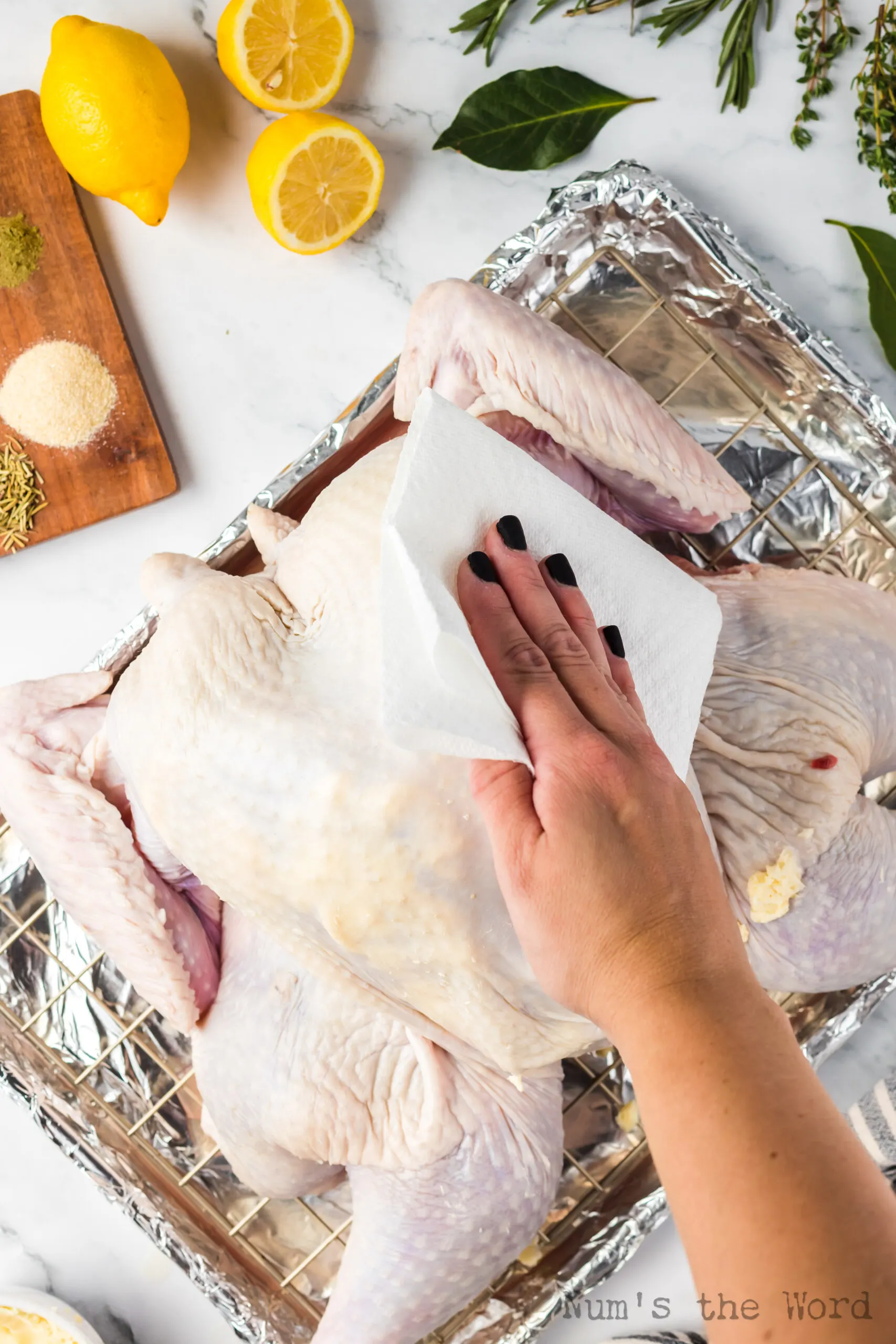 turkey being patted down with paper towels