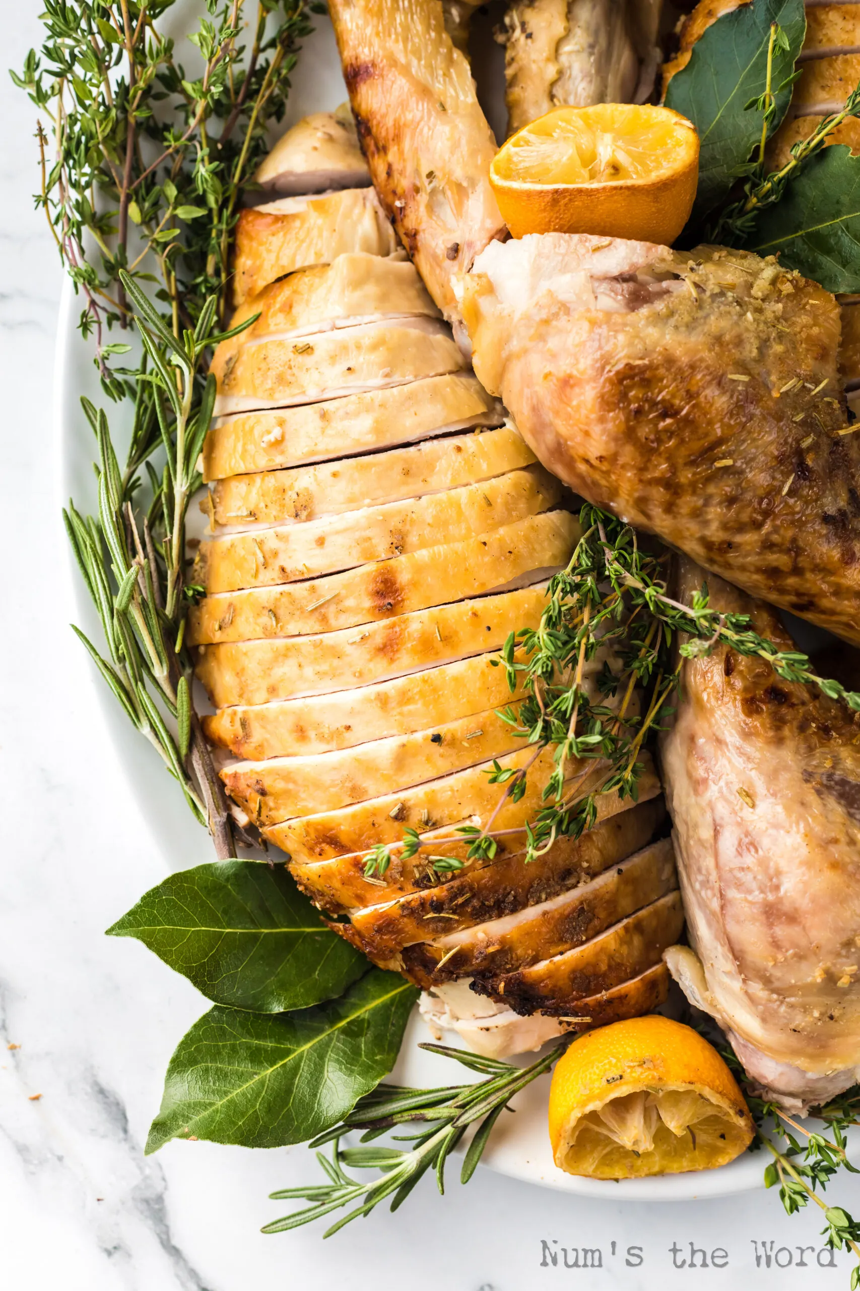 zoomed in image of turkey breast on platter, sliced