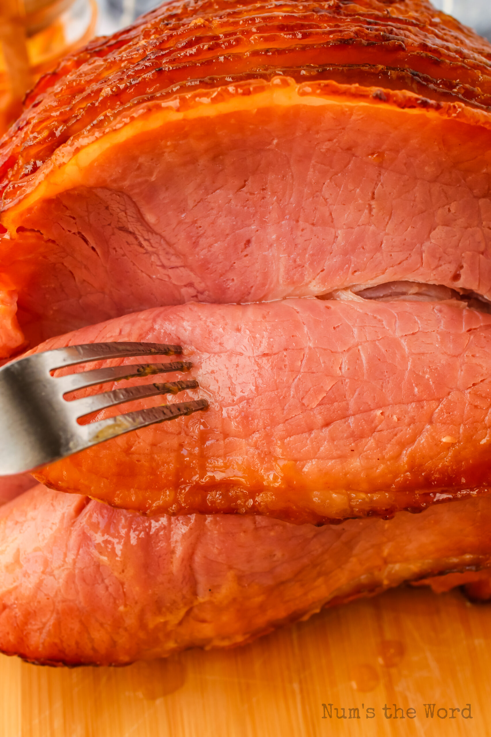 zoomed in image of ham slices still on the bone