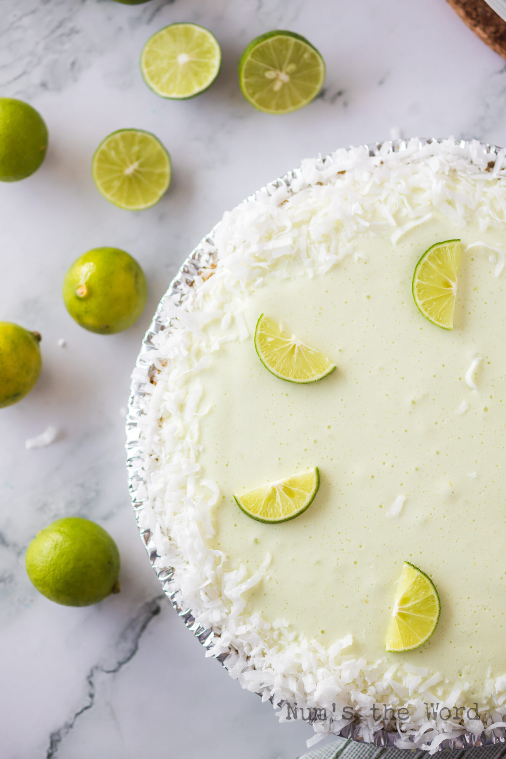 zoomed in image of chiffon pie on counter, uncut