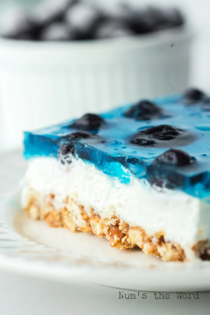 zoomed in image of a slice of Blueberry jello salad with pretzels on a palte