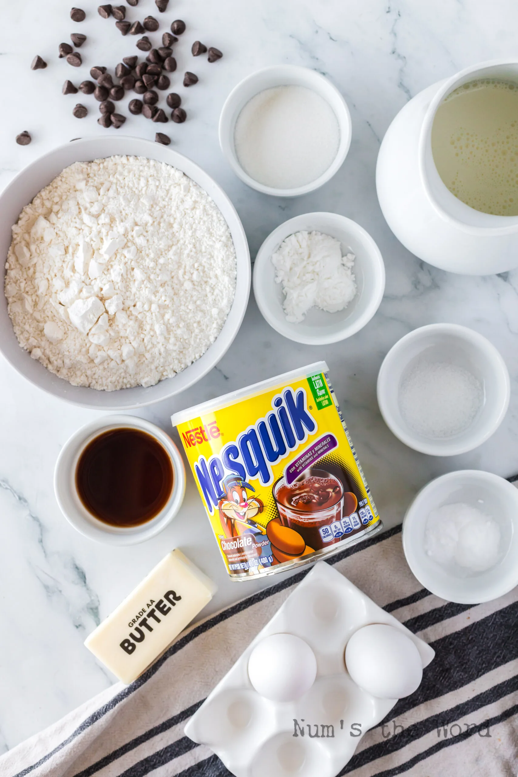 All ingredients for Nesquik Pancakes laid out on counter