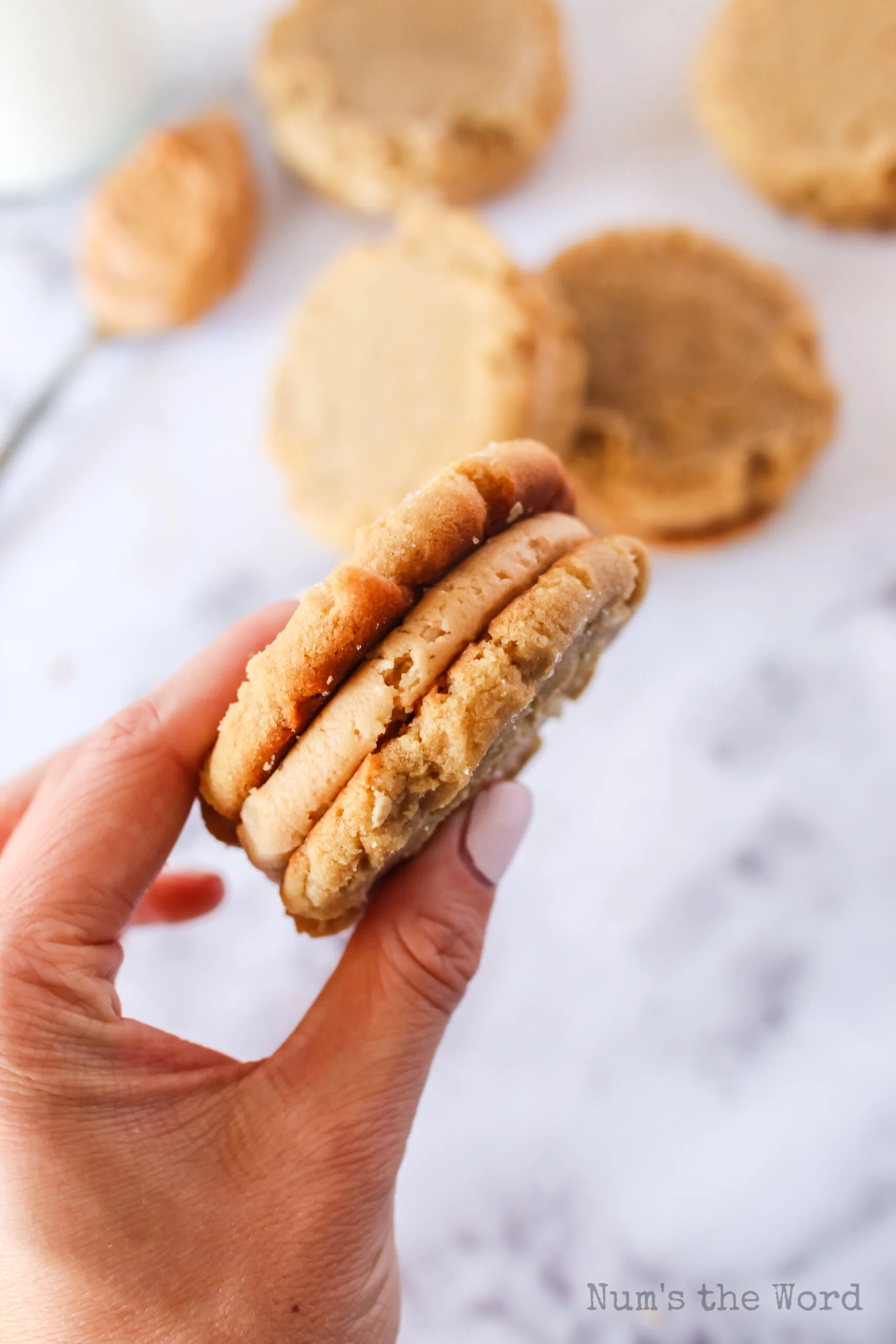 two cookies pressed together with peanut butter frosting in between