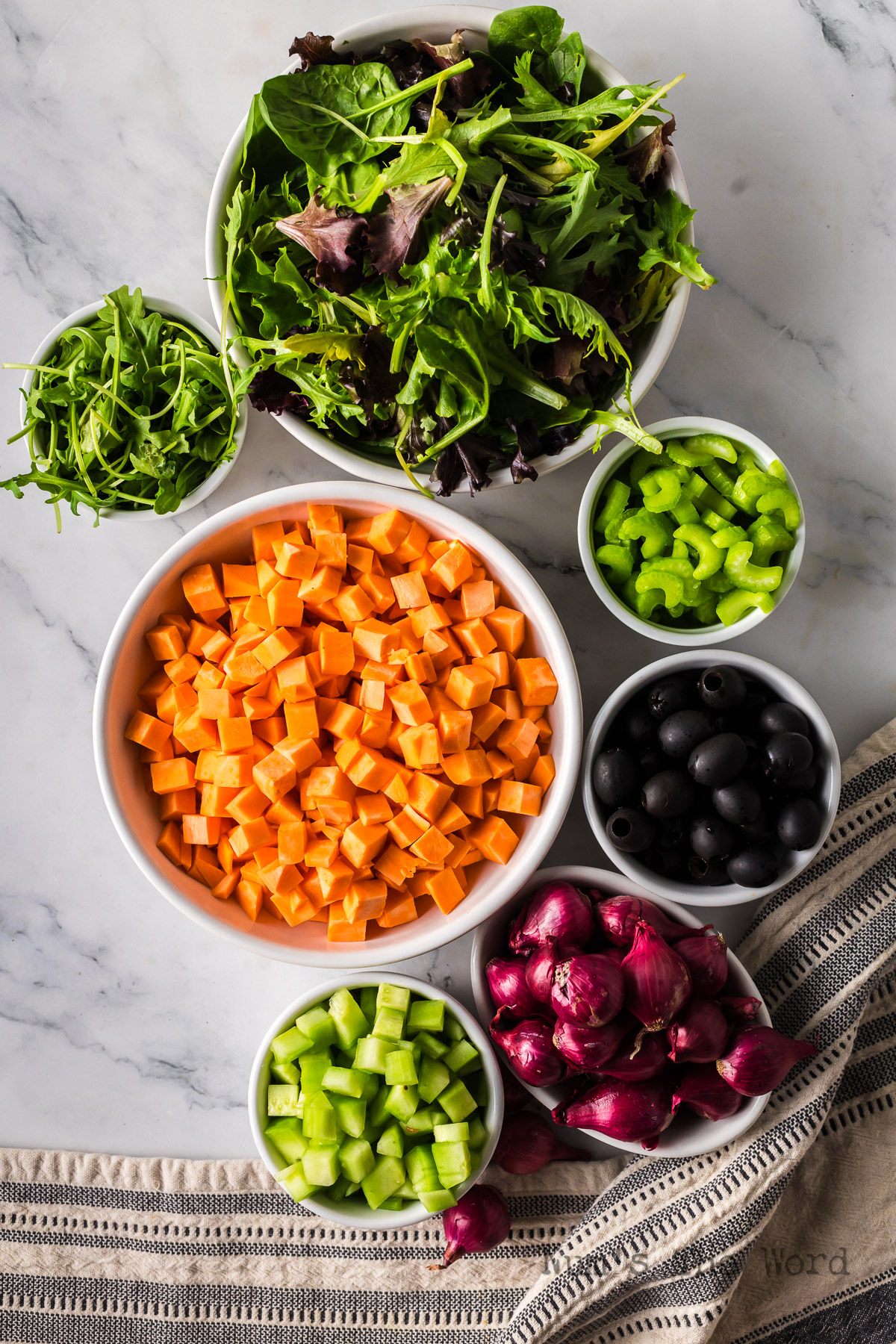 All ingredients for Sweet Potato Salad laid out on counter