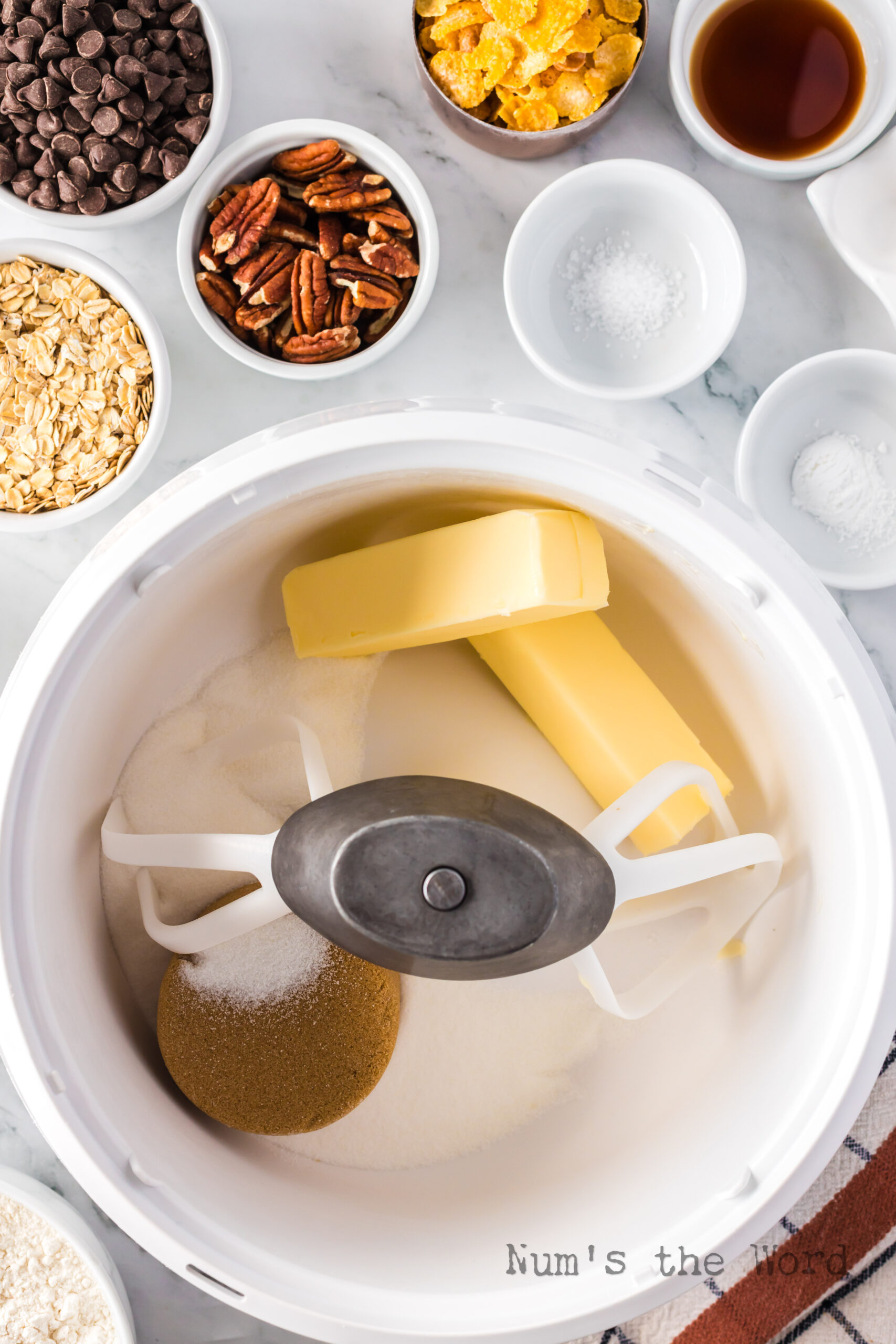 Butter and sugars in a bowl ready to mix