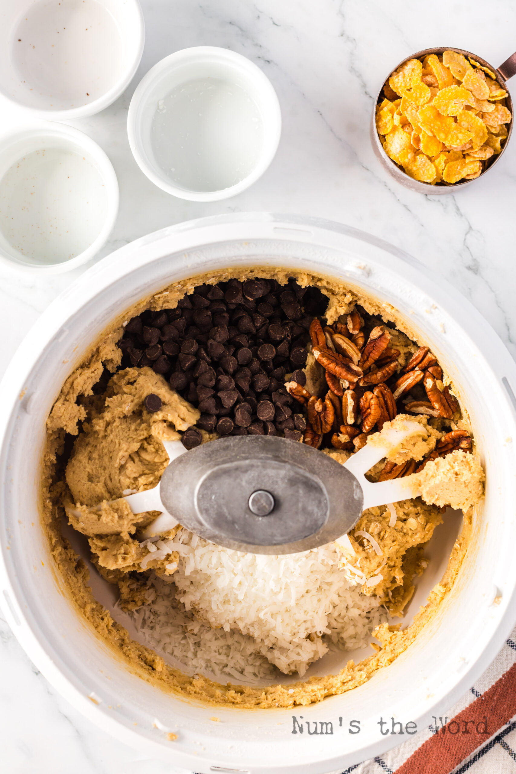 Chocolate Chips, Coconut and pecans added to cookie dough