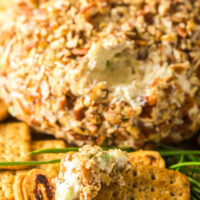 zoomed in image of pineapple cheeseball with a portion missing. Cracker with dip on it in front of cheese ball