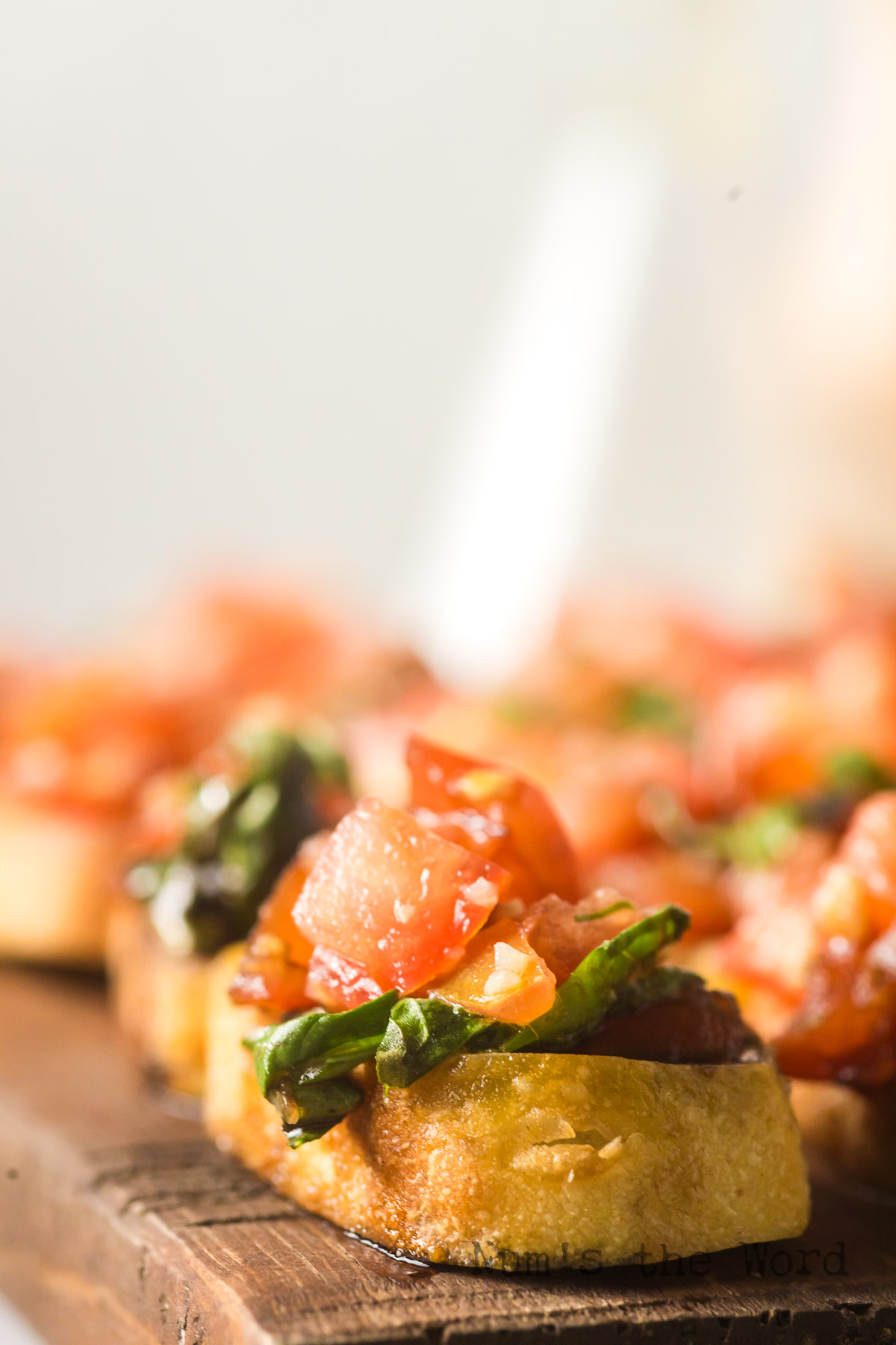 side view of bruschette on serving platter