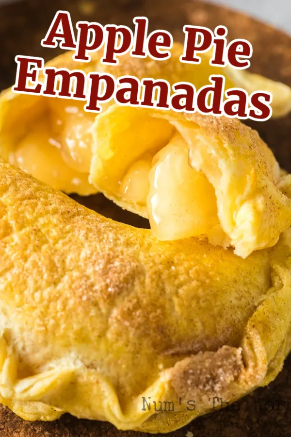 Main image for Apple Pie Empanadas. zoomed in image of empanadas with one cut in half to show filling.