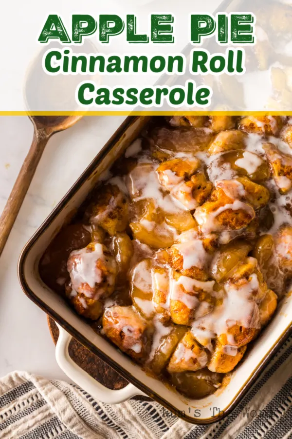 Main image for Apple Pie Cinnamon Roll Casserole. Casserole in pan with icing drizzled on top.