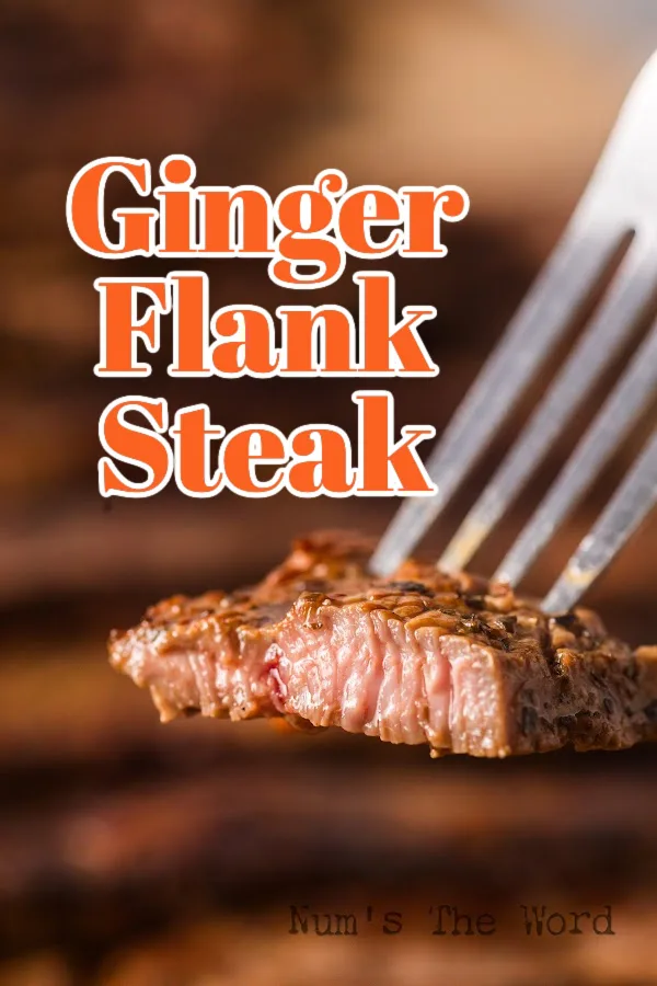 Main image for Ginger Flank Steak Recipe. Photo is of fork holding a piece of steak.