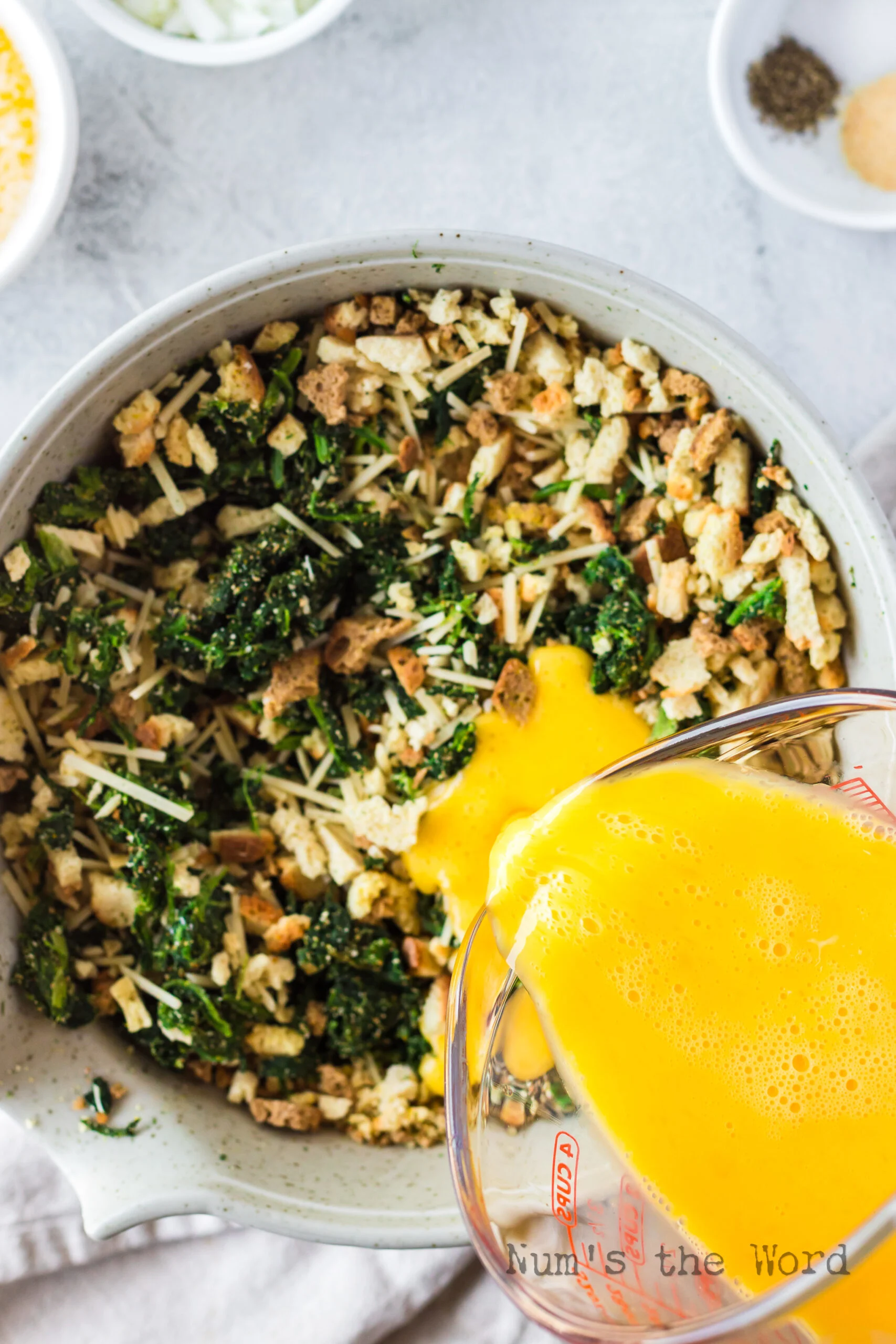 Beaten eggs added to stuffing mixture.