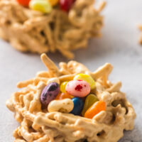 side view of two birds nest cookies.