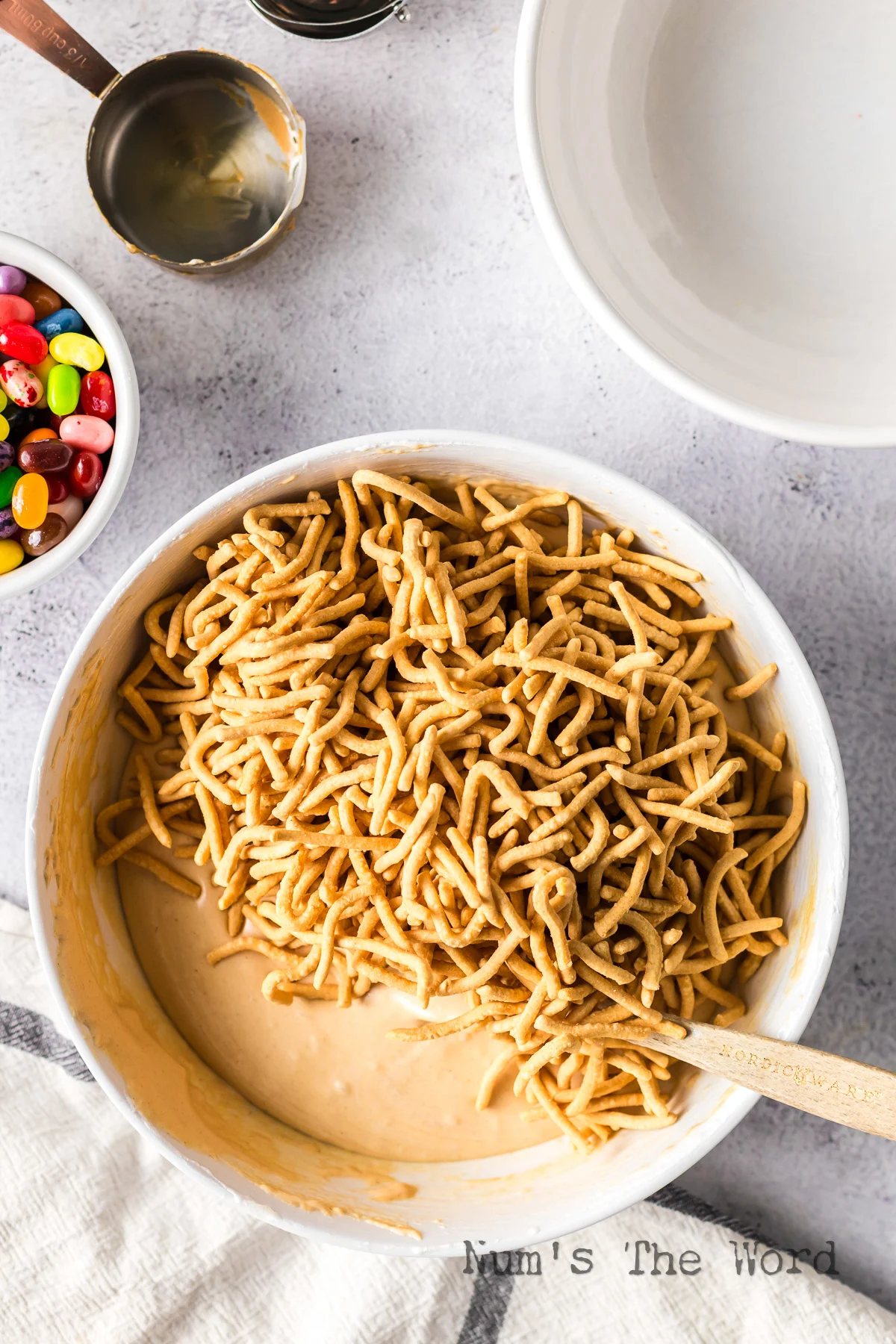 chow mein noodles added to marshmallow mixture.