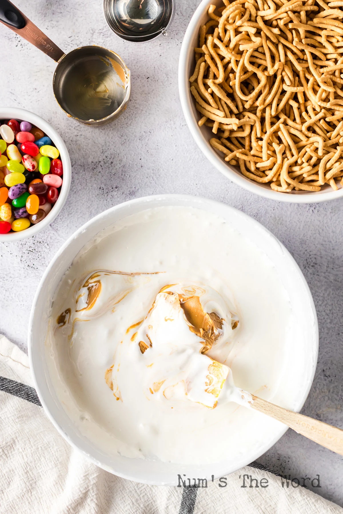 Peanut Butter added to melted marshmallows.