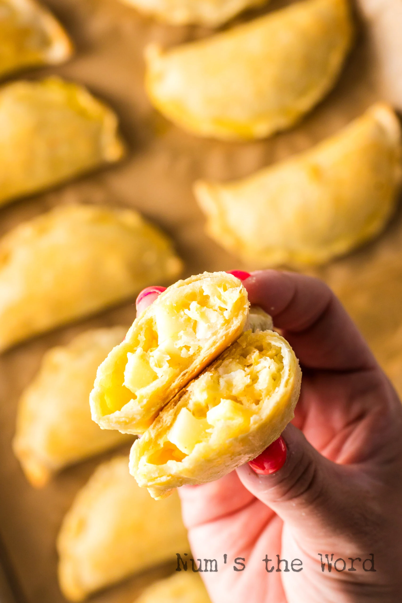 a cooked empanada cut in half to show filling.