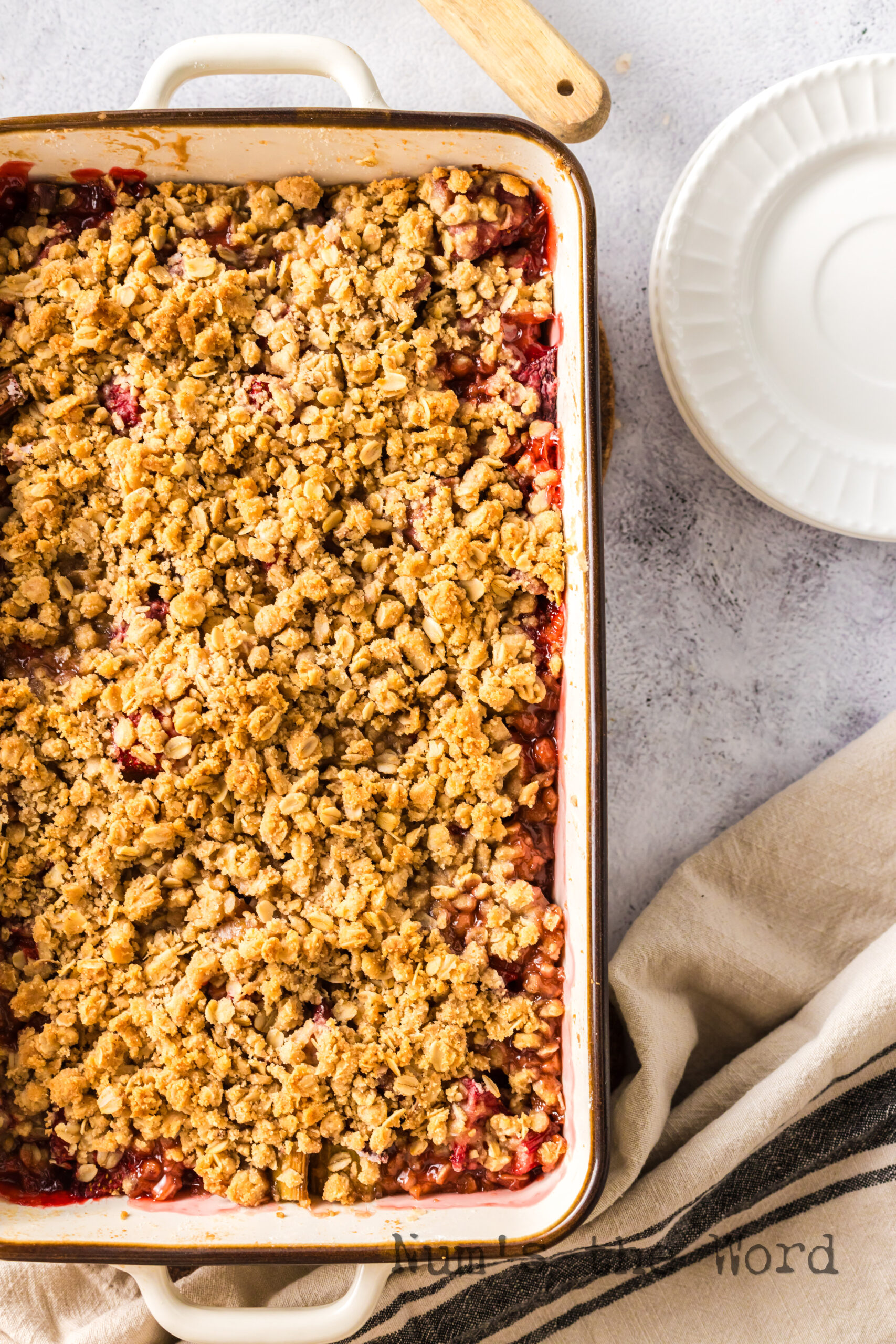 Baked Strawberry Rhubarb Crisp in casserole dish