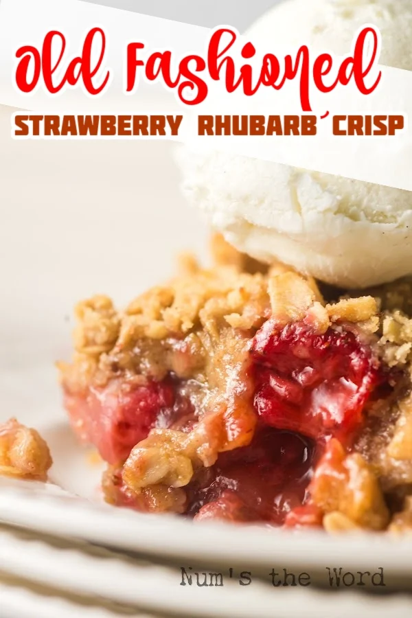 Main image for Old Fashioned Strawberry Rhubarb Crisp. Image is of a scoop of crisp on a plate with a scoop of ice cream next to it.