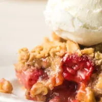 zoomed in image of a scoop of crisp on a plate with a scoop of vanilla ice cream next to it.