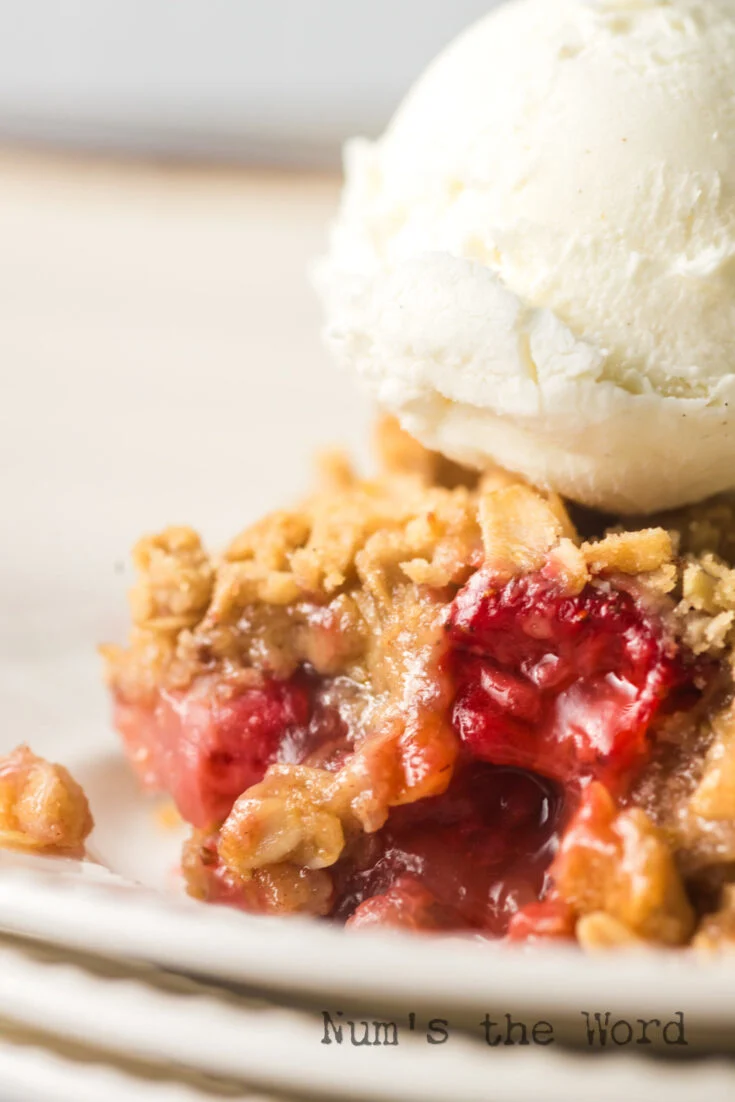 zoomed in image of a scoop of crisp on a plate with a scoop of vanilla ice cream next to it.