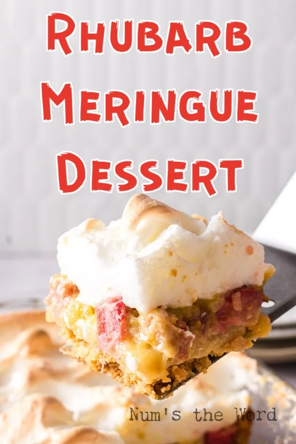 Main image for Rhubarb Meringue Recipe. Zoomed in image of a slice of meringue on spatula.