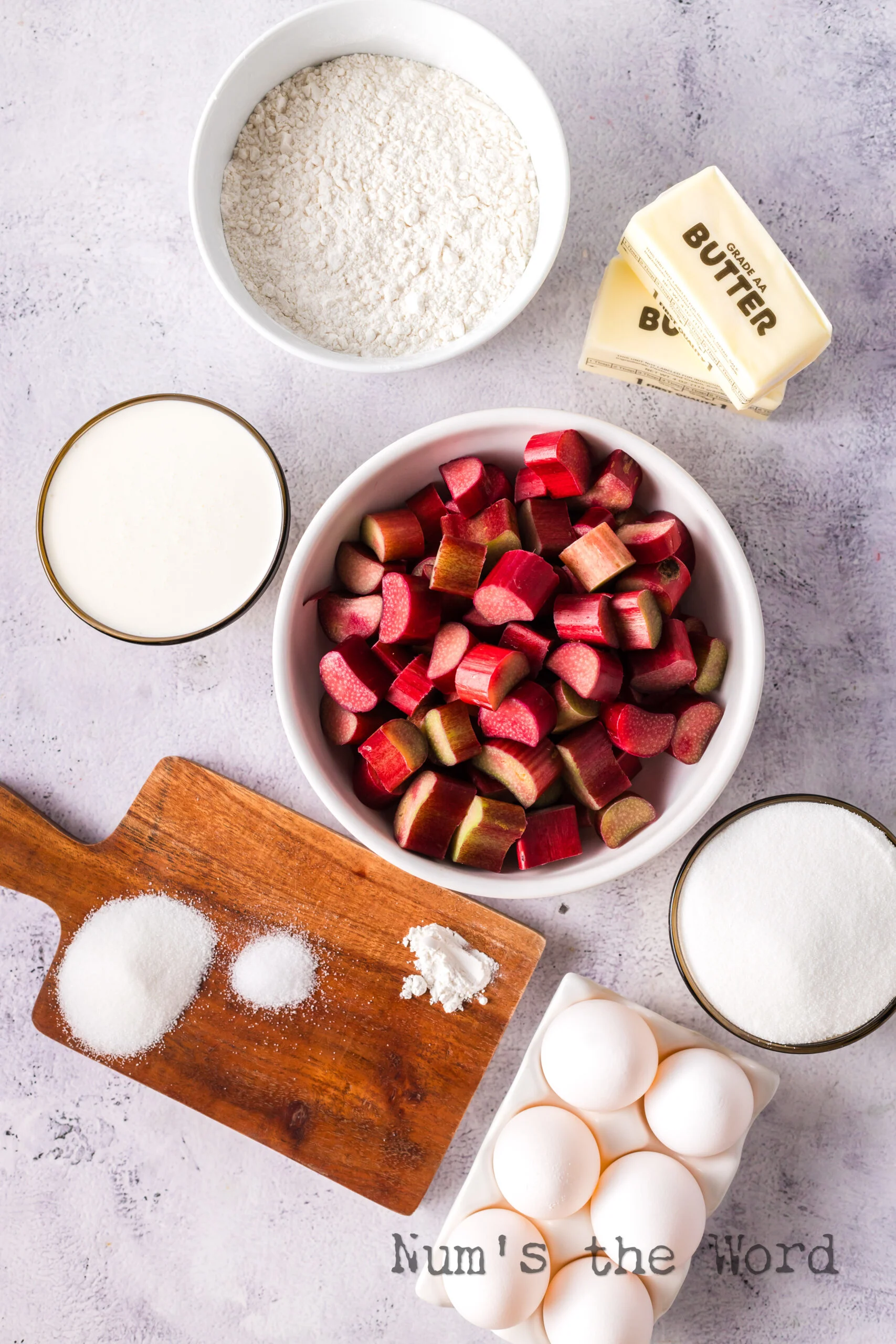 all ingredients for rhubarb meringue laid out on the counter.