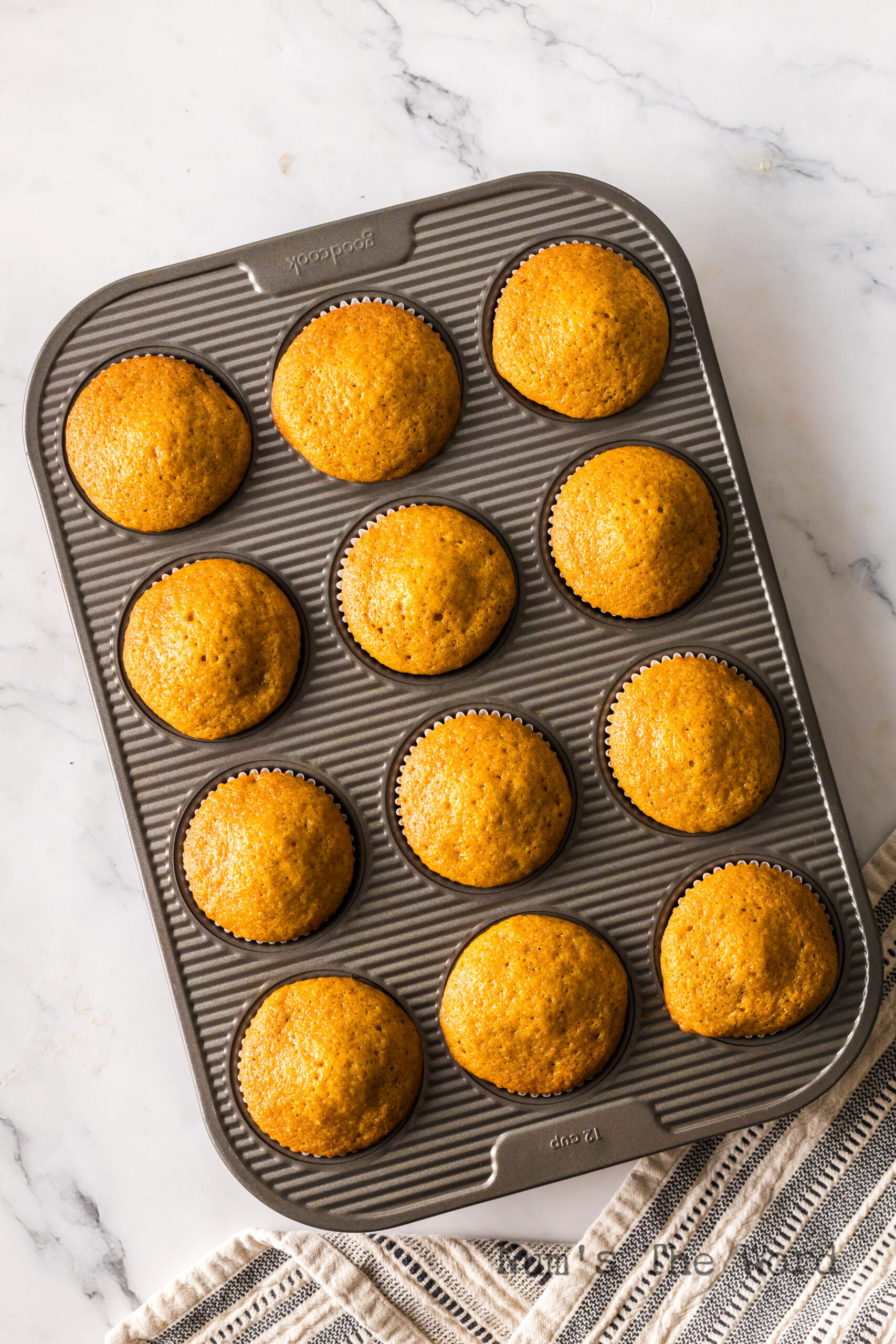 Fresh baked muffins from the oven still in the pan.