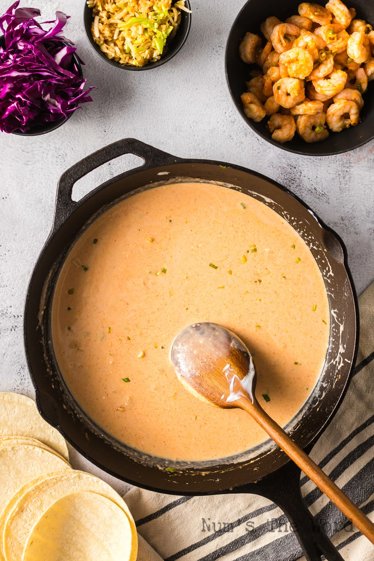 Sauces mixed and blended.