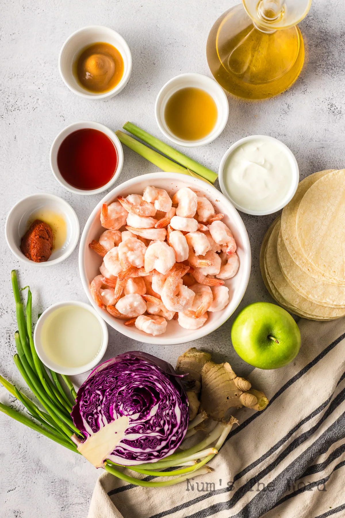 All ingredients laid out on the counter, ready to make shrimp tacos.