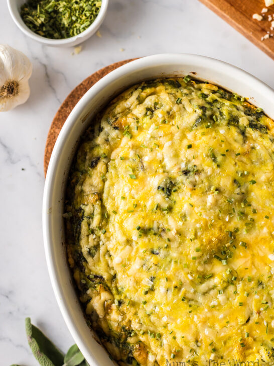 zoomed in image of frittata in casserole dish ready to serve.