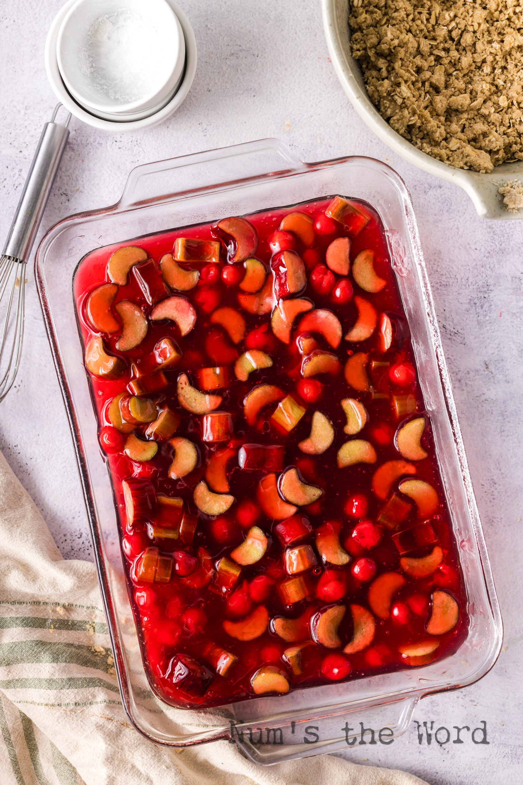 Cherry Crisp mixture in a casserole dish, no topping.