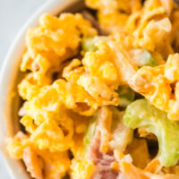 zoomed in image of popcorn salad in bowl.