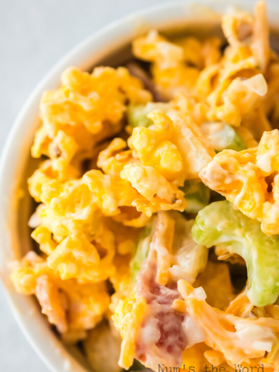 zoomed in image of popcorn salad in bowl.
