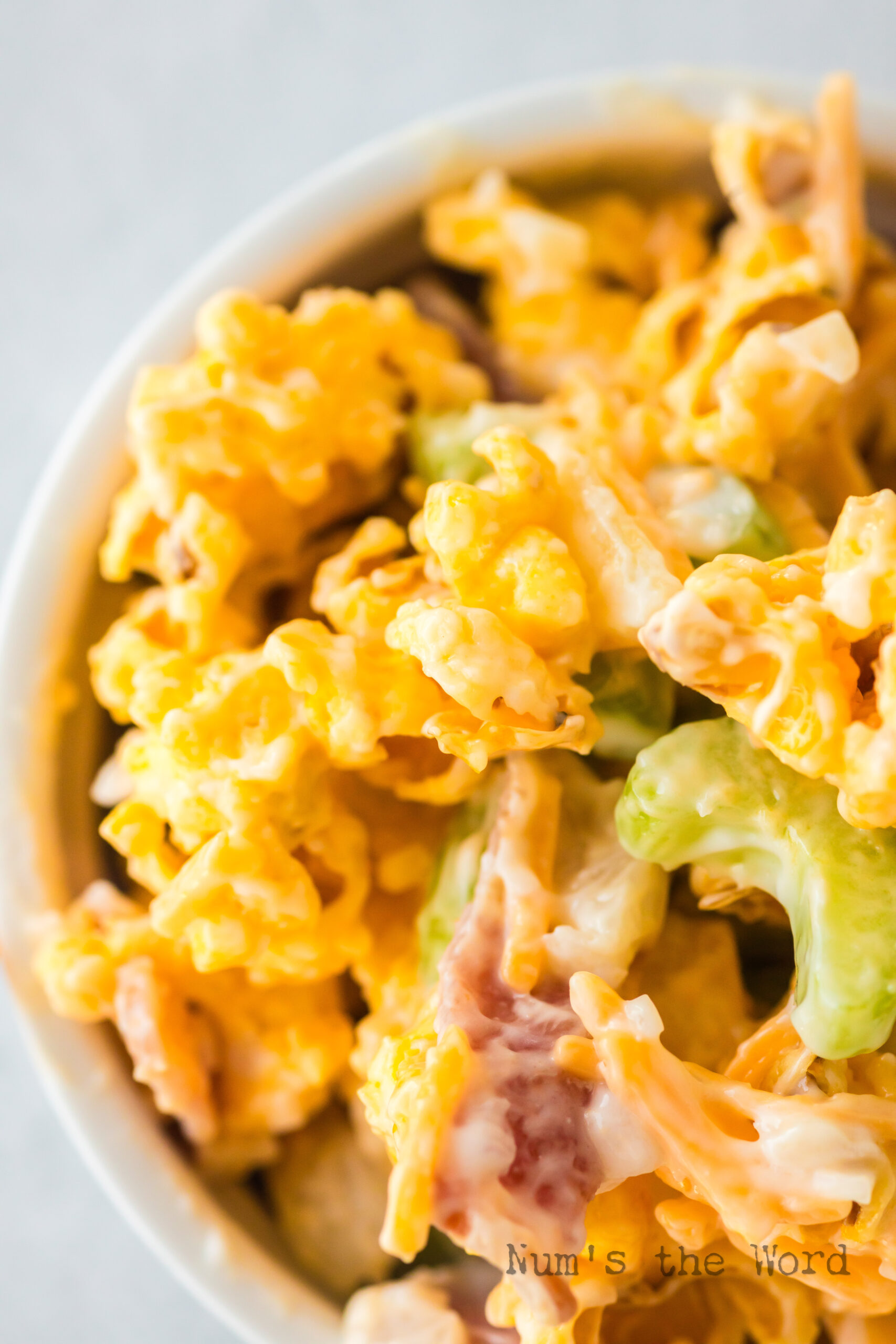 zoomed in image of popcorn salad in bowl.
