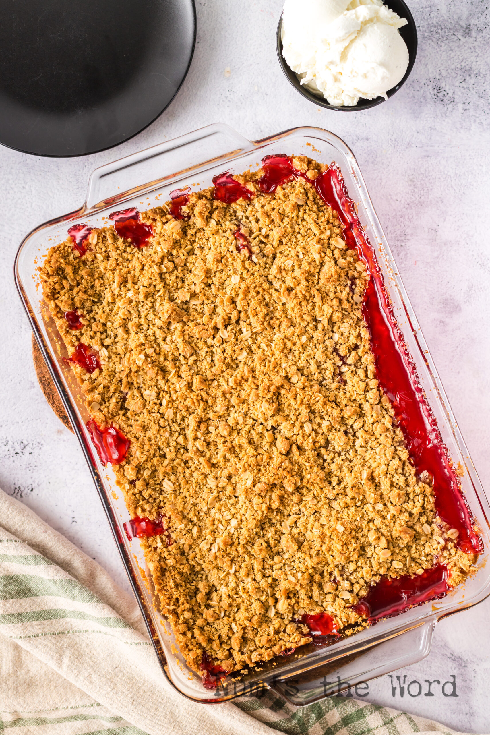 Fresh from the oven, the crisp is hot and bubbly.