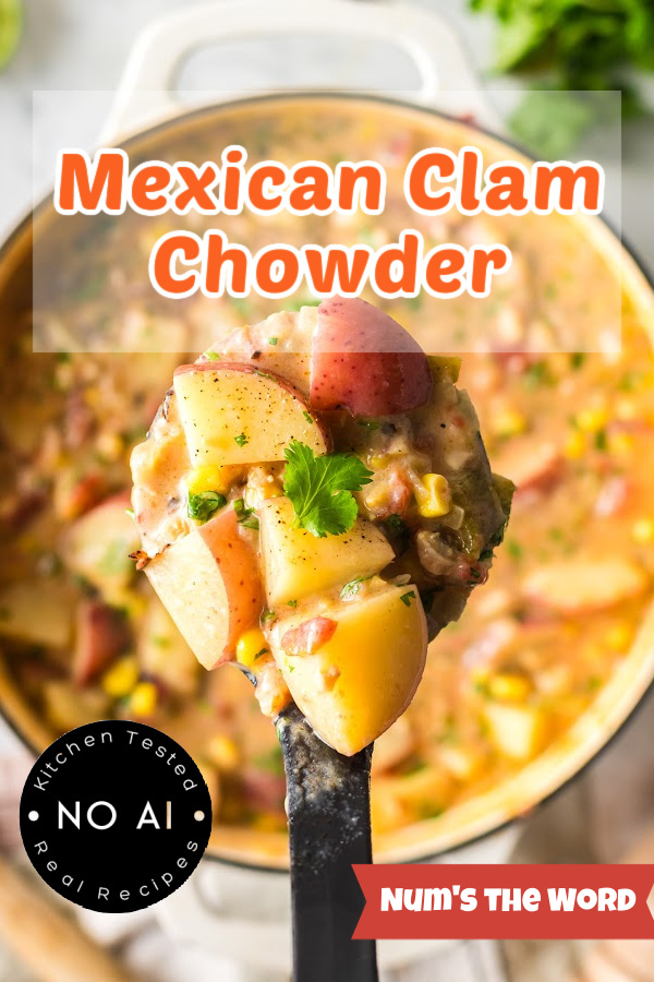 Main image for Mexican Corn Chowder. Image is of a pot of clam chowder with a spoon scooping some out of the pot.